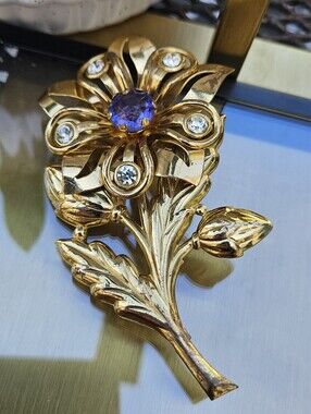 1940s Retro Gold Tone Floral Bouquet Brooch with Sapphire Blue Glass Center